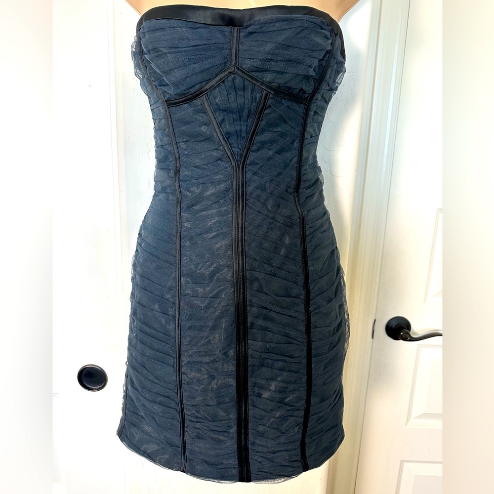 BCBG Max Azria Sela Dress Dark Blue/Grey Bodycon ruched strapless dress US 6